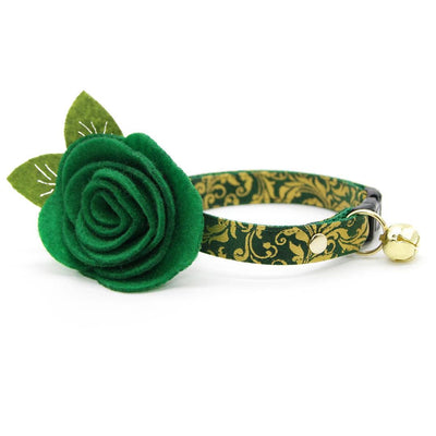 Regal Cat Collar + Flower Set - "Royal Emerald" - Green & Gold Cat Collar w/ Clover Felt Flower (Detachable) / Cat, Kitten + Small Dog Sizes