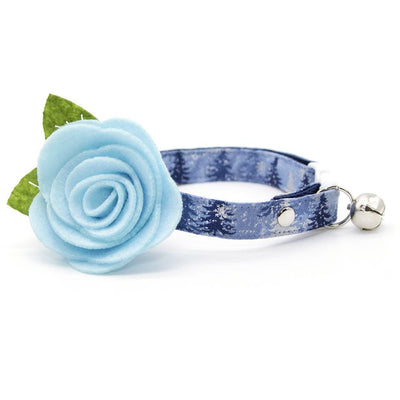 Winter Cat Collar + Flower Set - "Blue Spruce" - Snowy Forest Cat Collar w/ Sky Blue Felt Flower (Detachable) / Cat, Kitten + Small Dog Sizes