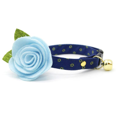 Cat Collar + Flower Set - "Star Of David - Gold & Blue" - Jewish Cat Collar w/ Sky Blue Felt Flower (Detachable) / Hanukkah, Yom Kippur, Passover / Cat, Kitten + Small Dog Sizes