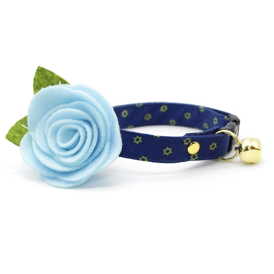 Cat Collar + Flower Set - "Star Of David - Gold & Blue" - Jewish Cat Collar w/ Sky Blue Felt Flower (Detachable) / Hanukkah, Yom Kippur, Passover / Cat, Kitten + Small Dog Sizes