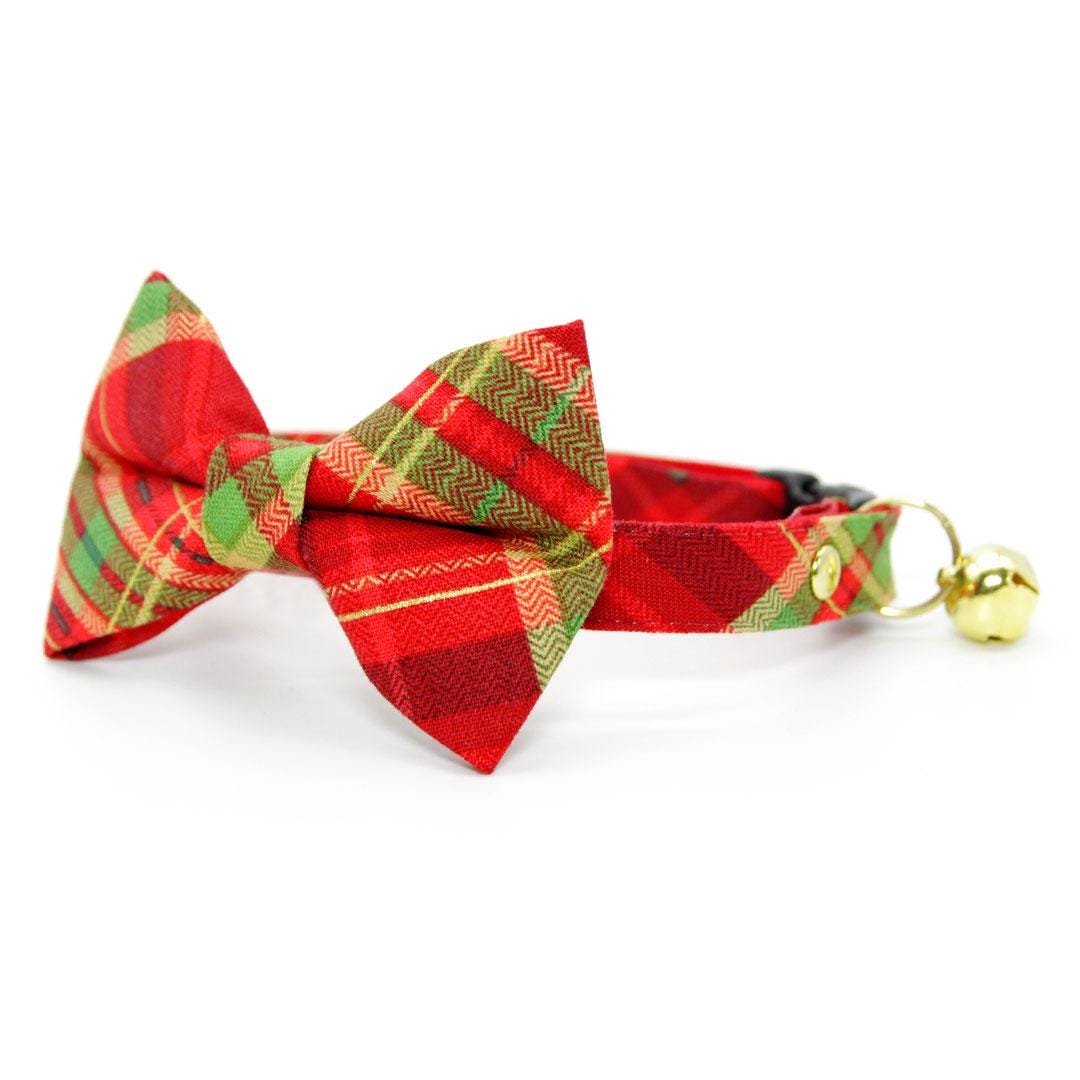 Holiday Bow Tie Cat Collar Set - "Cranberry Clove" - Red Green Christmas Tartan Plaid Cat Collar with Bow Tie / Cat, Kitten, Small Dog Sizes