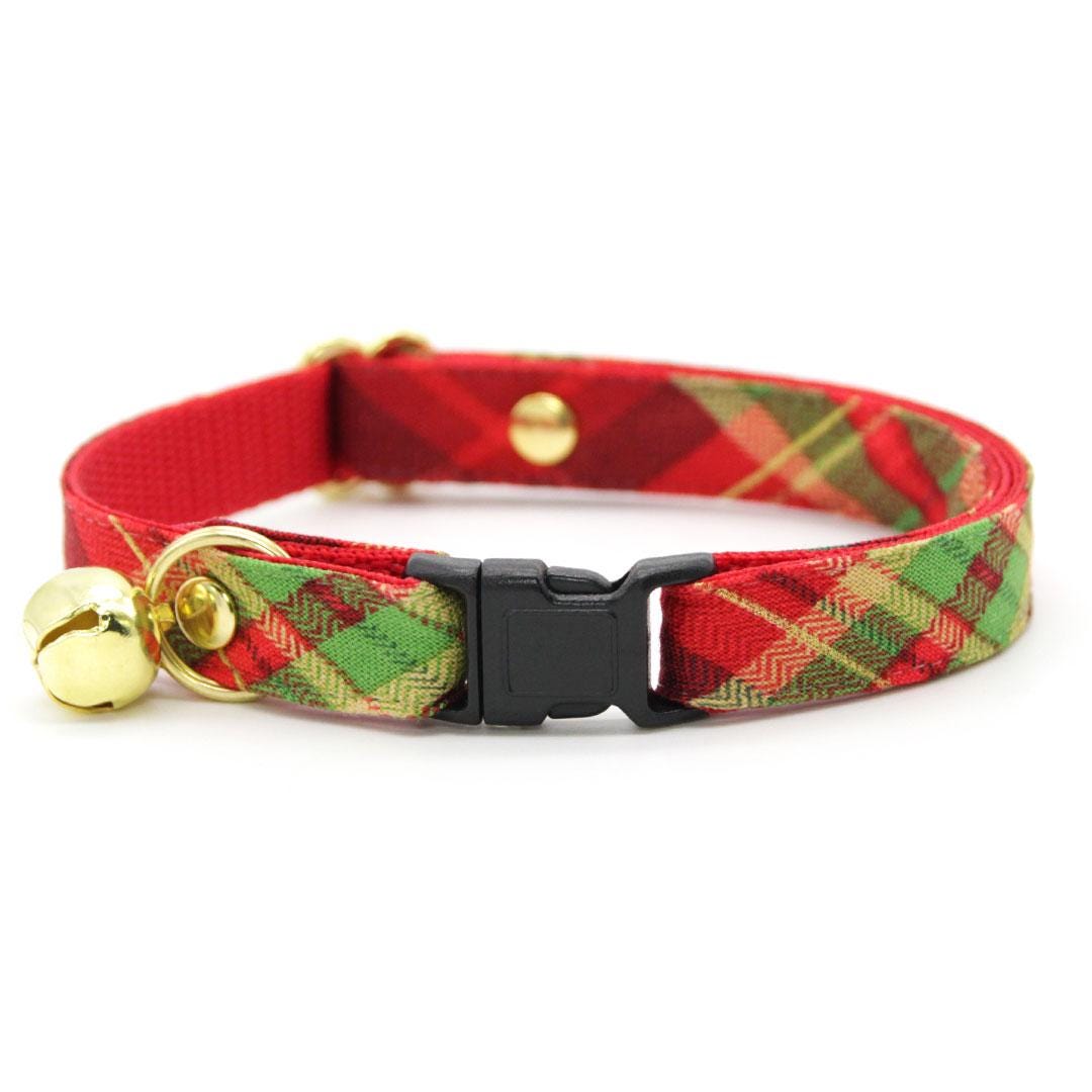Holiday Bow Tie Cat Collar Set - "Cranberry Clove" - Red Green Christmas Tartan Plaid Cat Collar with Bow Tie / Cat, Kitten, Small Dog Sizes
