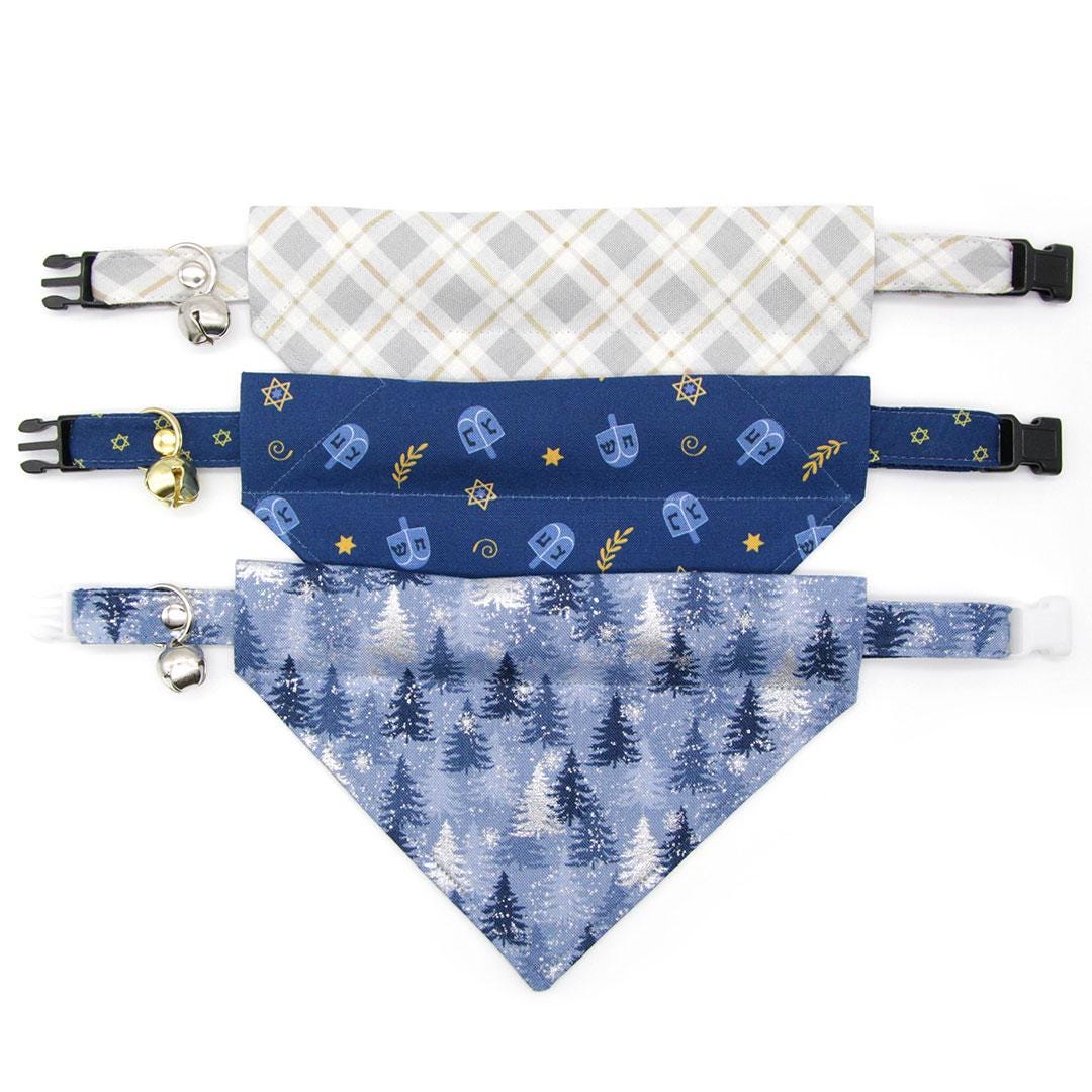 Winter Cat Bandana - "Blue Spruce" - Blue & Silver Snowy Forest Bandana for Cat + Small Dog / Solstice, Pine Tree, Mountain, Snow / Slide-on Bandana