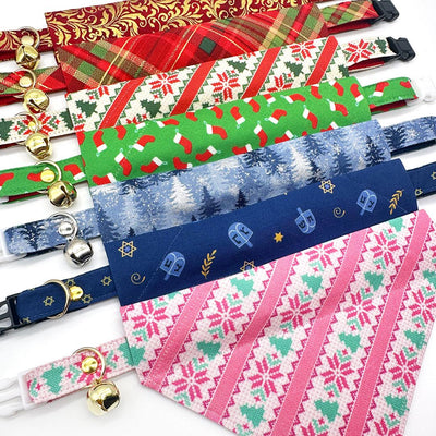 Holiday Cat Bandana - "Christmas Stockings" - Red Socks on Green Bandana for Cat + Small Dog / Slide-on Bandana / Over-the-Collar