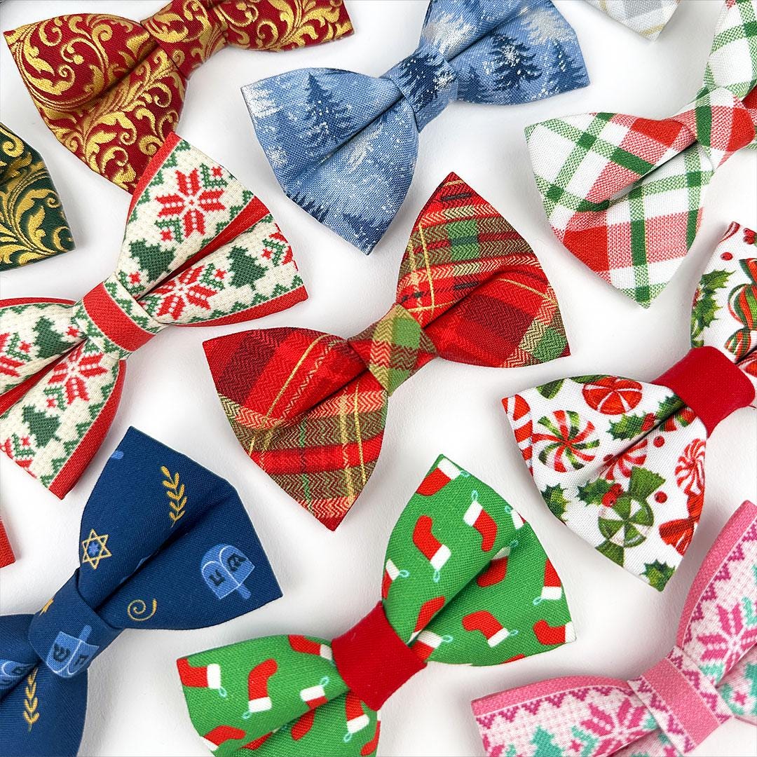 Nordic Cat Bow Tie - "Fair Isle - Christmas" - Red & Green Alpine Holiday Bow Tie for Cat Collar / Cat, Kitten + Small Dog Bowtie