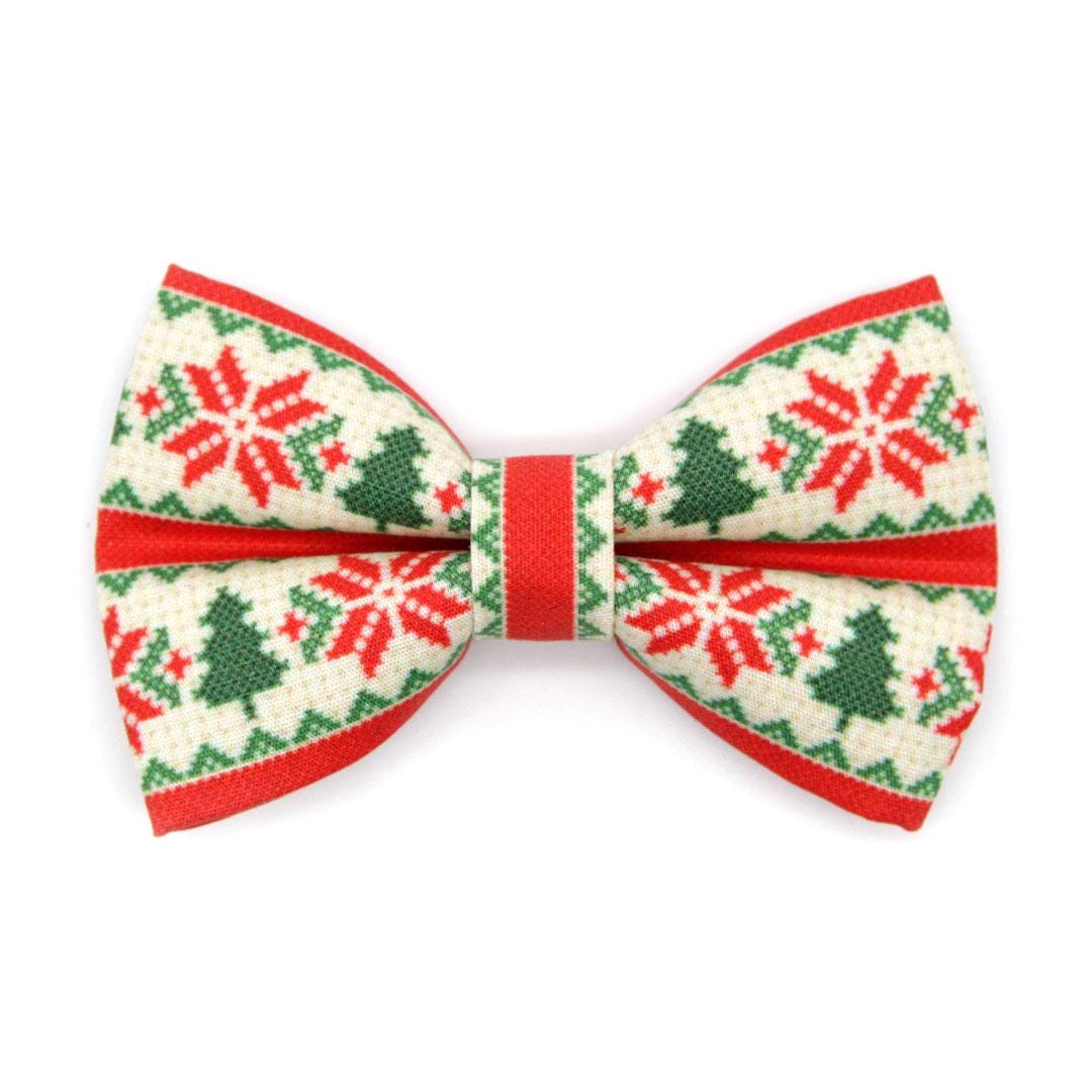 Nordic Cat Bow Tie - "Fair Isle - Christmas" - Red & Green Alpine Holiday Bow Tie for Cat Collar / Cat, Kitten + Small Dog Bowtie