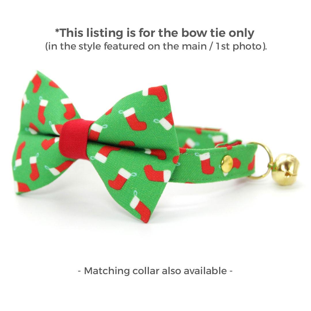Holiday Cat Bow Tie - "Christmas Stockings" - Red Socks on Green Bow Tie for Cat Collar / Cat, Kitten + Small Dog Bowtie