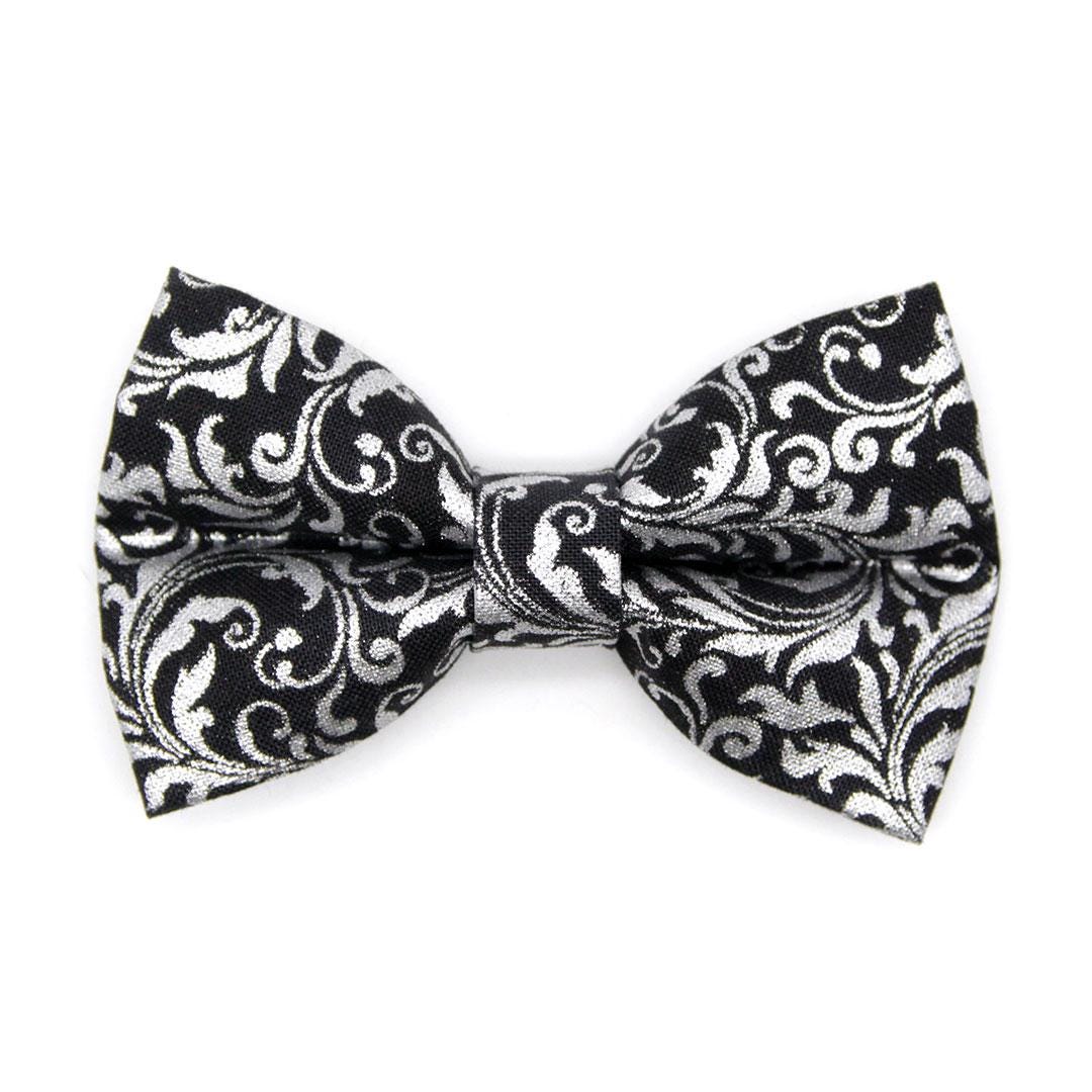 Regal Cat Bow Tie - "Royal Sterling" - Black & Silver Bow Tie for Cat Collar / Wedding, Victorian, Medieval, New Years / Cat, Kitten + Small Dog Bowtie