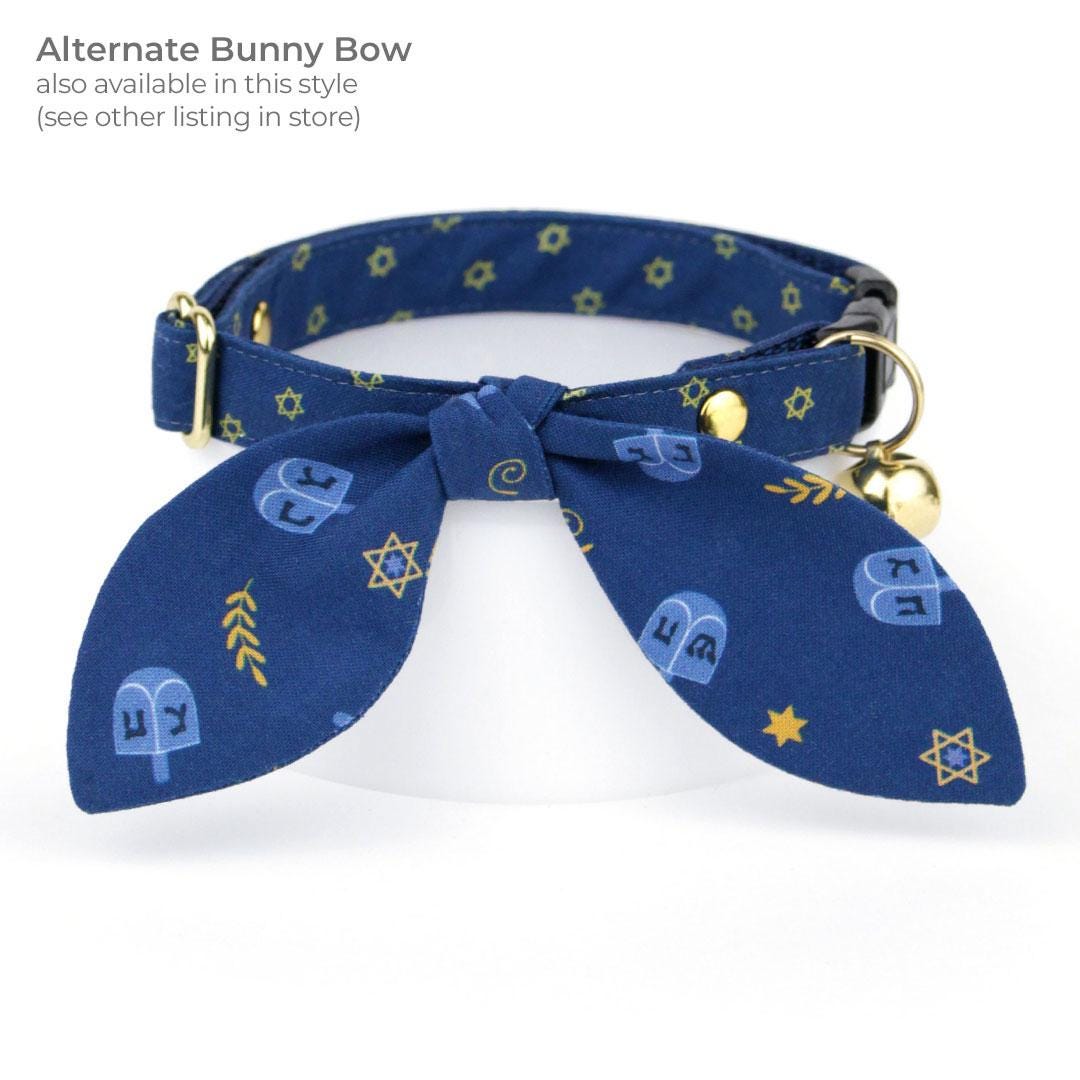 Hanukkah Cat Bow Tie - "Dreidels" - Jewish Blue & Gold Bow Tie for Cat Collar / Chanukah, Hebrew / Cat, Kitten + Small Dog Bowtie