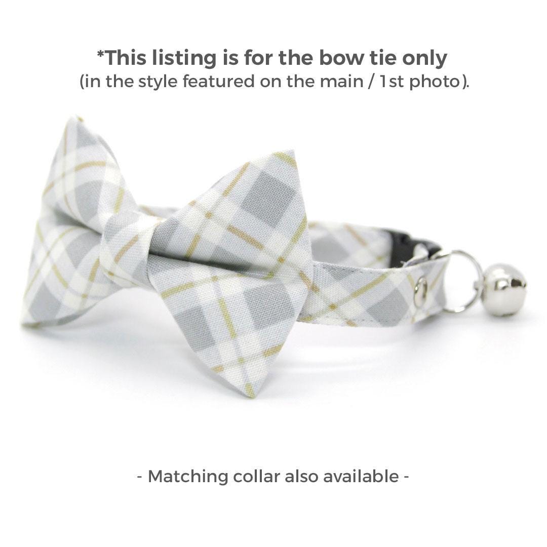 Cat Bow Tie - "Earl Grey" - Light Gray Plaid Bow Tie for Cat Collar / Wedding, Winter / Cat, Kitten + Small Dog Bowtie