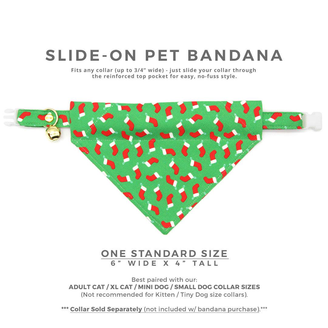 Holiday Cat Bandana - "Christmas Stockings" - Red Socks on Green Bandana for Cat + Small Dog / Slide-on Bandana / Over-the-Collar