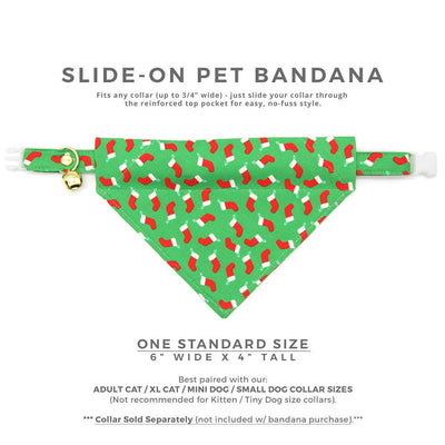 Holiday Cat Bandana - "Christmas Stockings" - Red Socks on Green Bandana for Cat + Small Dog / Slide-on Bandana / Over-the-Collar