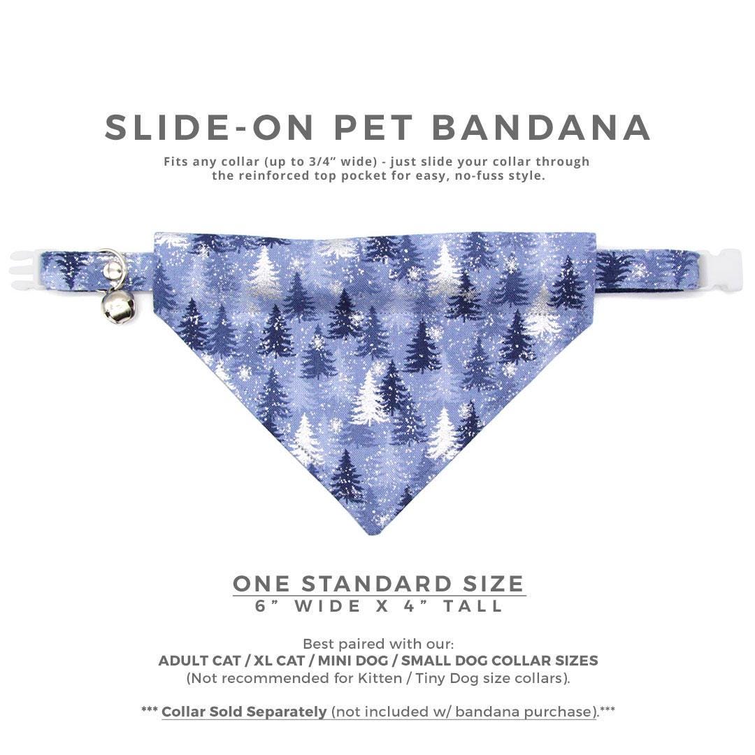 Winter Cat Bandana - "Blue Spruce" - Blue & Silver Snowy Forest Bandana for Cat + Small Dog / Solstice, Pine Tree, Mountain, Snow / Slide-on Bandana