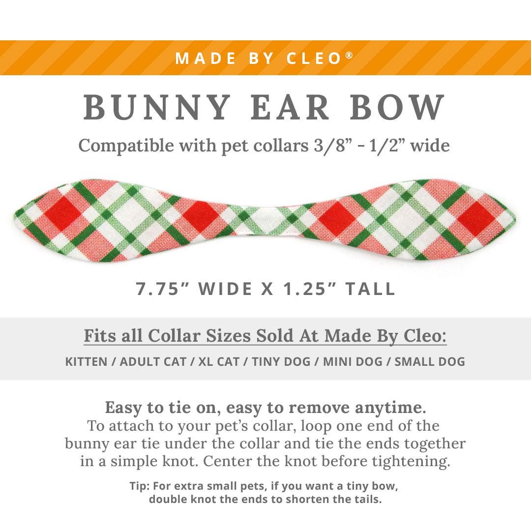 Cat Collar and Bunny Ear Bow Set - "Jolly Plaid" - Red & Green Christmas Plaid Cat Collar w/ Matching Bunny Bow Tie / Tie-On Scarf / Cat, Kitten + Small Dog Sizes