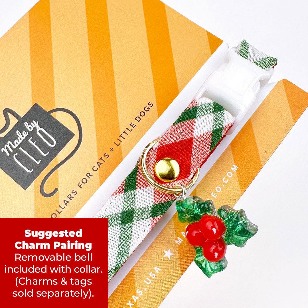 Cat Collar and Bunny Ear Bow Set - "Jolly Plaid" - Red & Green Christmas Plaid Cat Collar w/ Matching Bunny Bow Tie / Tie-On Scarf / Cat, Kitten + Small Dog Sizes