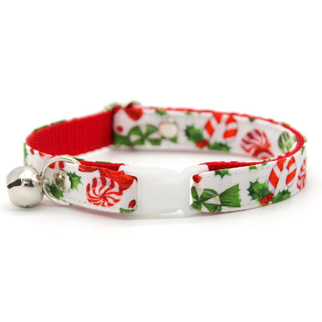 Cat Collar and Bunny Ear Bow Set - "Sweets & Treats" - Christmas Peppermint Cat Collar w/ Matching Bunny Bow Tie / Tie-On Scarf / Cat, Kitten + Small Dog Sizes