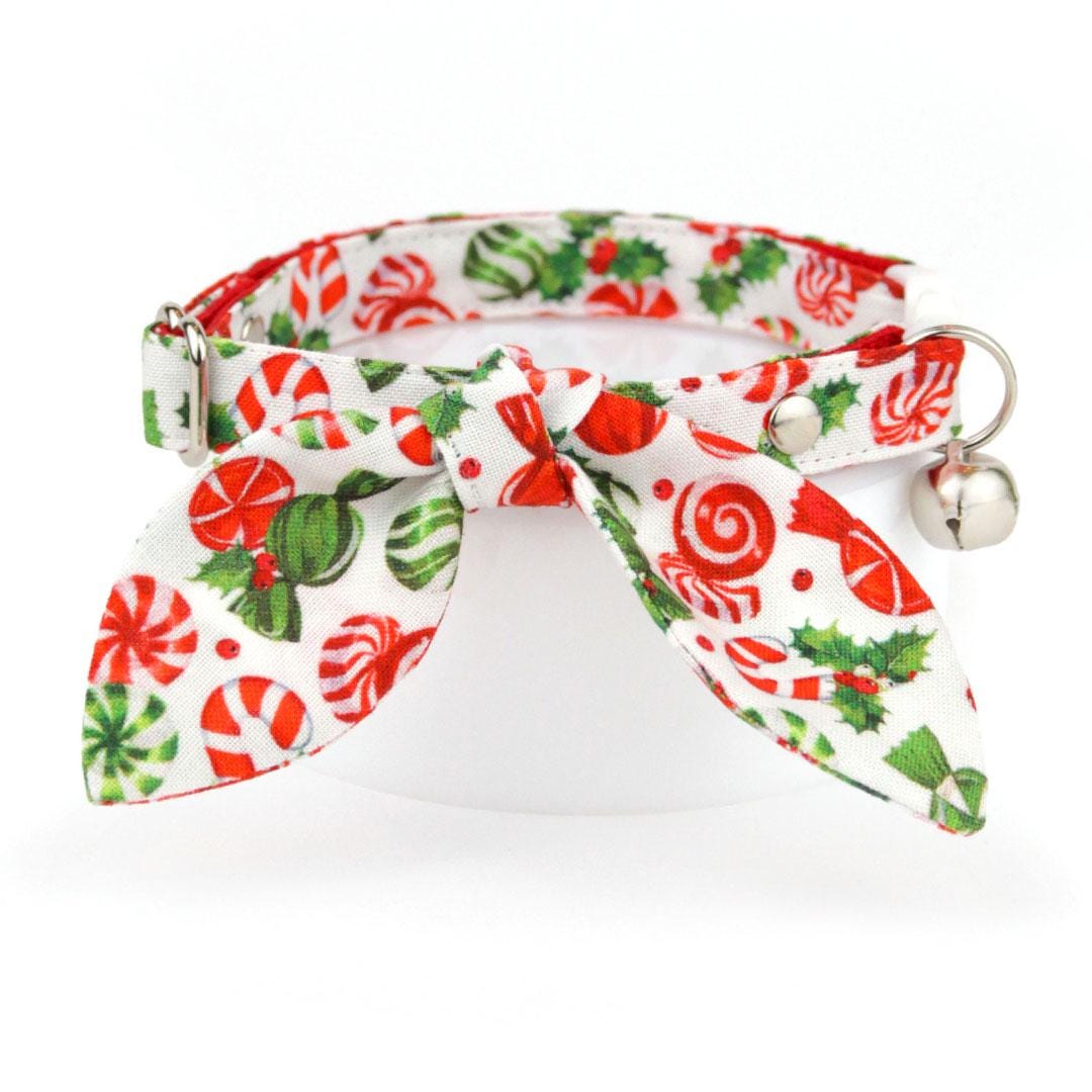 Cat Collar and Bunny Ear Bow Set - "Sweets & Treats" - Christmas Peppermint Cat Collar w/ Matching Bunny Bow Tie / Tie-On Scarf / Cat, Kitten + Small Dog Sizes