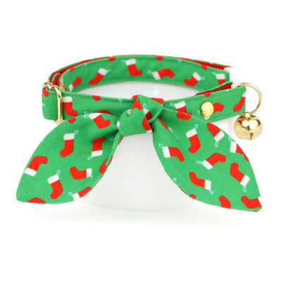Cat Collar and Bunny Ear Bow Set - "Christmas Stockings" - Red & Green Holiday Cat Collar w/ Matching Bunny Bow Tie / Tie-On Scarf / Cat, Kitten + Small Dog Sizes