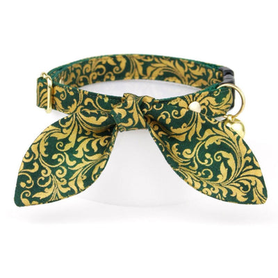 Cat Collar and Bunny Ear Bow Set - "Royal Emerald" - Regal Green & Gold Cat Collar w/ Matching Bunny Bow Tie / Tie-On Scarf / Wedding, Holiday / Cat, Kitten + Small Dog Sizes