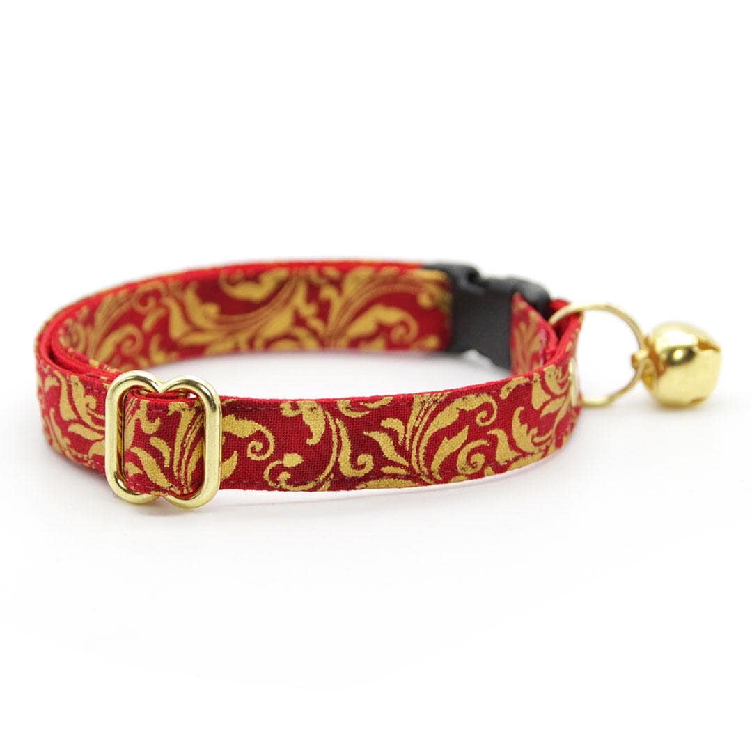 Cat Collar and Bunny Ear Bow Set - "Royal Ruby" - Regal Gold & Red Cat Collar w/ Matching Bunny Bow Tie / Tie-On Scarf / Wedding, Holiday / Cat, Kitten + Small Dog Sizes