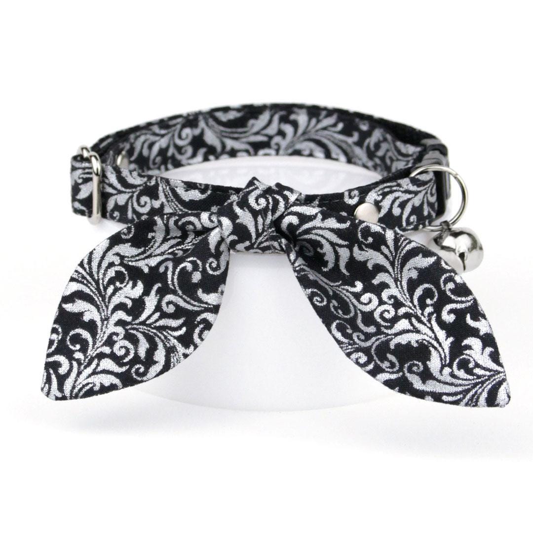 Cat Collar and Bunny Ear Bow Set - "Royal Sterling" - Regal Black & Silver Cat Collar w/ Matching Bunny Bow Tie / Tie-On Scarf / Wedding, New Years / Cat, Kitten + Small Dog Sizes