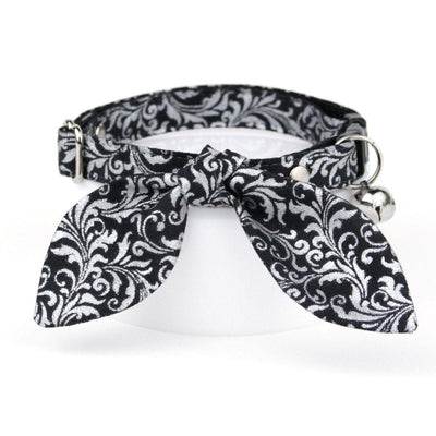 Cat Collar and Bunny Ear Bow Set - "Royal Sterling" - Regal Black & Silver Cat Collar w/ Matching Bunny Bow Tie / Tie-On Scarf / Wedding, New Years / Cat, Kitten + Small Dog Sizes
