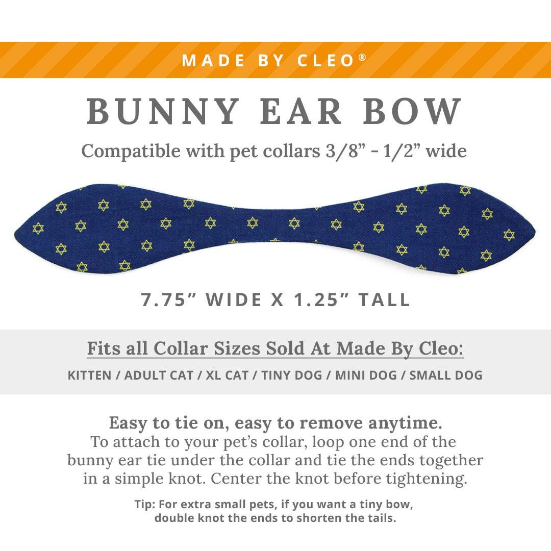 Cat Collar and Bunny Ear Bow Set - "Star Of David - Blue & Gold" - Jewish Cat Collar w/ Matching Bunny Bow Tie / Hanukkah, Yom Kippur, Passover / Tie-On Scarf / Cat, Kitten + Small Dog Sizes