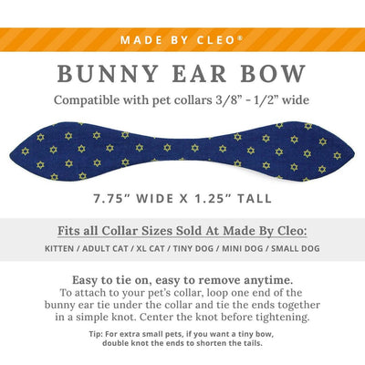 Cat Collar and Bunny Ear Bow Set - "Star Of David - Blue & Gold" - Jewish Cat Collar w/ Matching Bunny Bow Tie / Hanukkah, Yom Kippur, Passover / Tie-On Scarf / Cat, Kitten + Small Dog Sizes