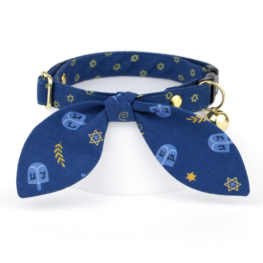 Cat Collar and Bunny Ear Bow Set - "Dreidels + Star of David" - Blue & Gold Hanukkah Cat Collar w/ Matching Bunny Bow Tie / Tie-On Scarf / Cat, Kitten + Small Dog Sizes