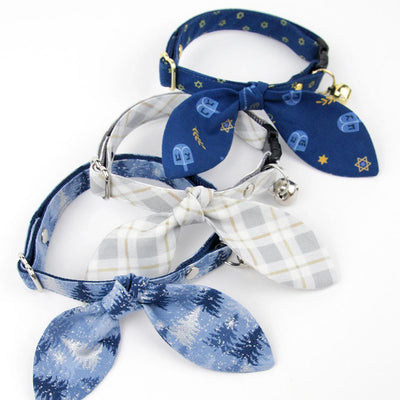 Cat Collar and Bunny Ear Bow Set - "Earl Grey" - Light Gray Plaid Cat Collar w/ Matching Bunny Bow Tie / Tie-On Scarf / Cat, Kitten + Small Dog Sizes