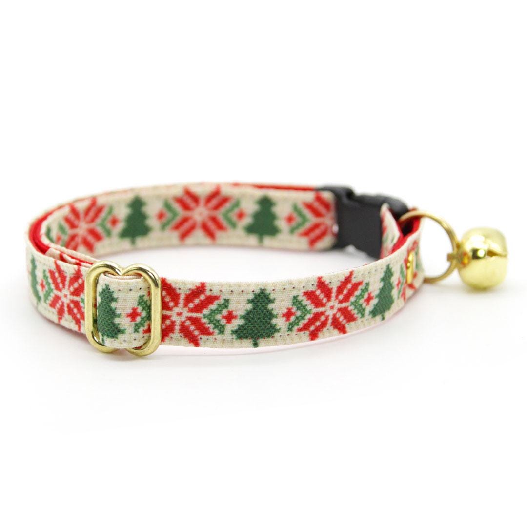Holiday Cat Collar + Flower Set - "Fair Isle - Christmas" - Red & Green Nordic Cat Collar w/ Scarlet Felt Flower (Detachable) / Cat, Kitten + Small Dog Sizes