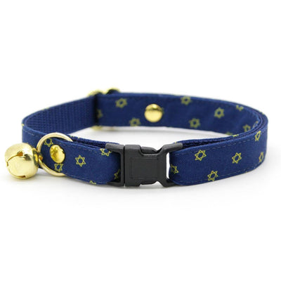 Cat Collar + Flower Set - "Star Of David - Gold & Blue" - Jewish Cat Collar w/ Sky Blue Felt Flower (Detachable) / Hanukkah, Yom Kippur, Passover / Cat, Kitten + Small Dog Sizes
