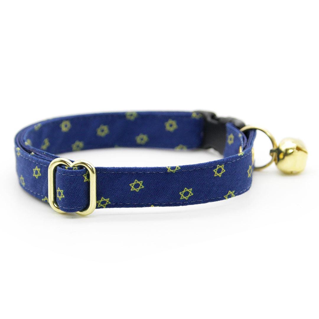 Cat Collar and Bunny Ear Bow Set - "Dreidels + Star of David" - Blue & Gold Hanukkah Cat Collar w/ Matching Bunny Bow Tie / Tie-On Scarf / Cat, Kitten + Small Dog Sizes