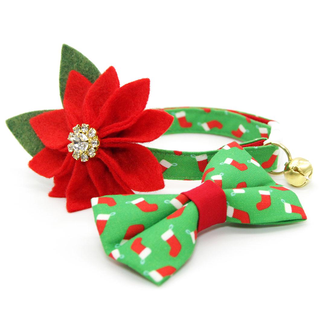 Holiday Cat Collar - "Christmas Stockings" - Red Socks on Green Cat Collar / Breakaway Buckle or Non-Breakaway / Cat, Kitten + Small Dog Sizes