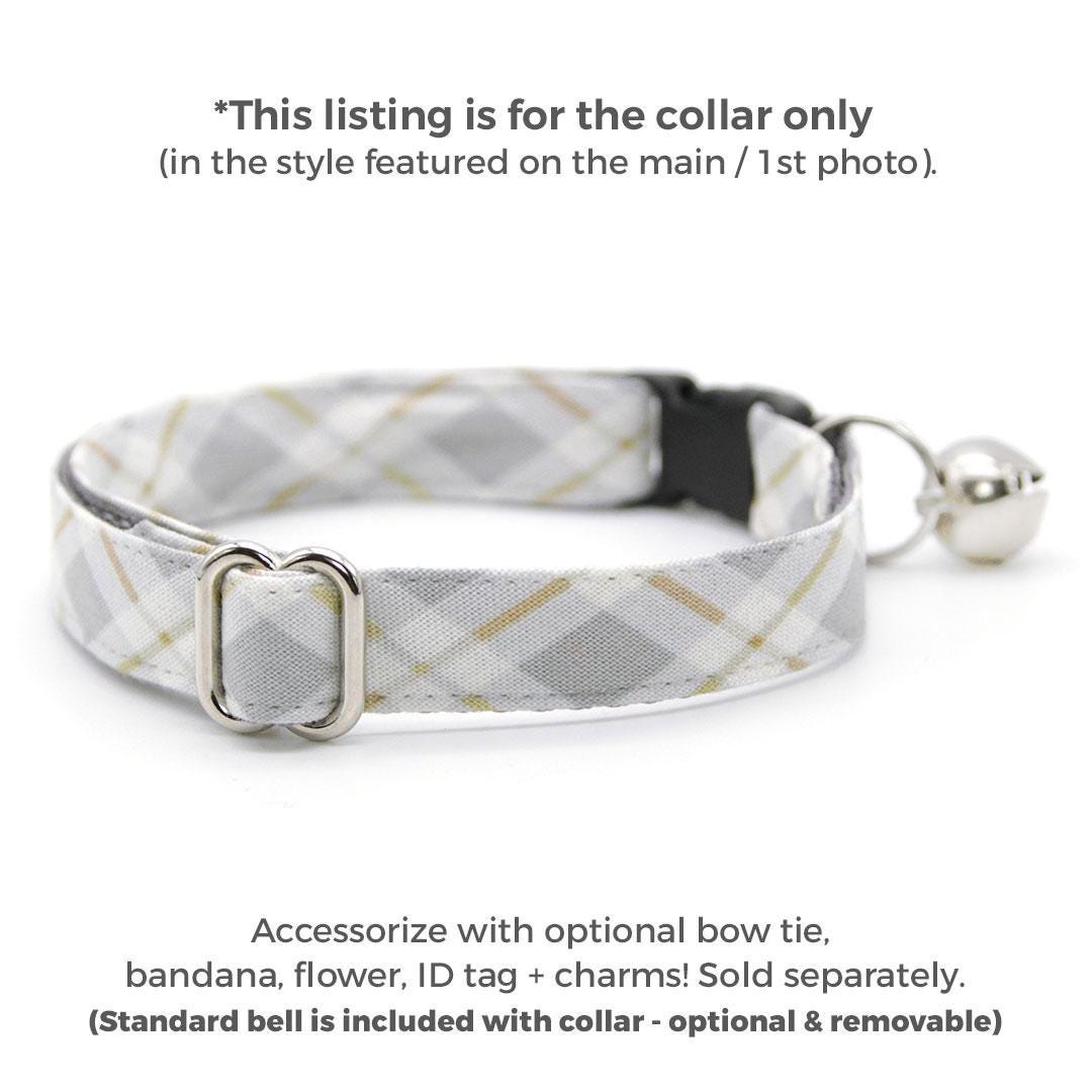 Gray Cat Collar - "Earl Grey" - Light Gray Plaid Cat Collar / Winter, Neutral / Breakaway Buckle or Non-Breakaway / Cat, Kitten + Small Dog Sizes