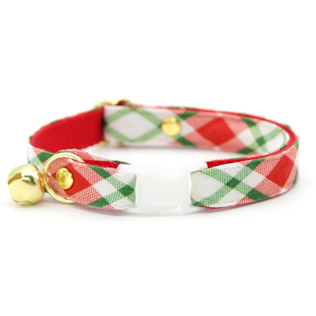 Christmas Bow Tie Cat Collar Set - "Jolly Plaid" - Red & Green Holiday Plaid Cat Collar with Bow Tie / Cat, Kitten, Small Dog Sizes