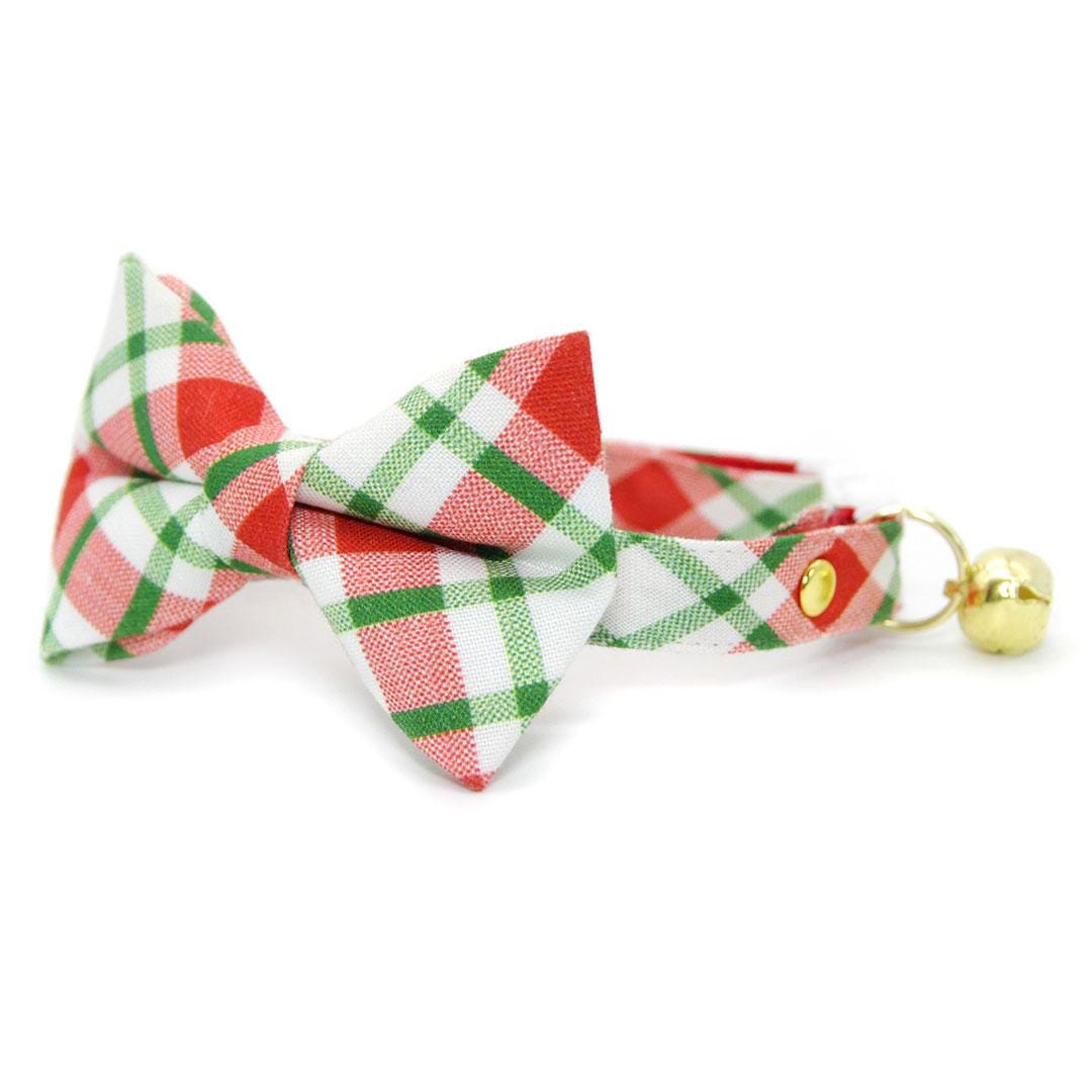 Christmas Bow Tie Cat Collar Set - "Jolly Plaid" - Red & Green Holiday Plaid Cat Collar with Bow Tie / Cat, Kitten, Small Dog Sizes