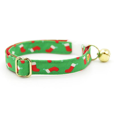 Holiday Bow Tie Cat Collar Set - "Christmas Stockings" - Festive Red Socks on Green Cat Collar with Bow Tie / Cat, Kitten, Small Dog Sizes