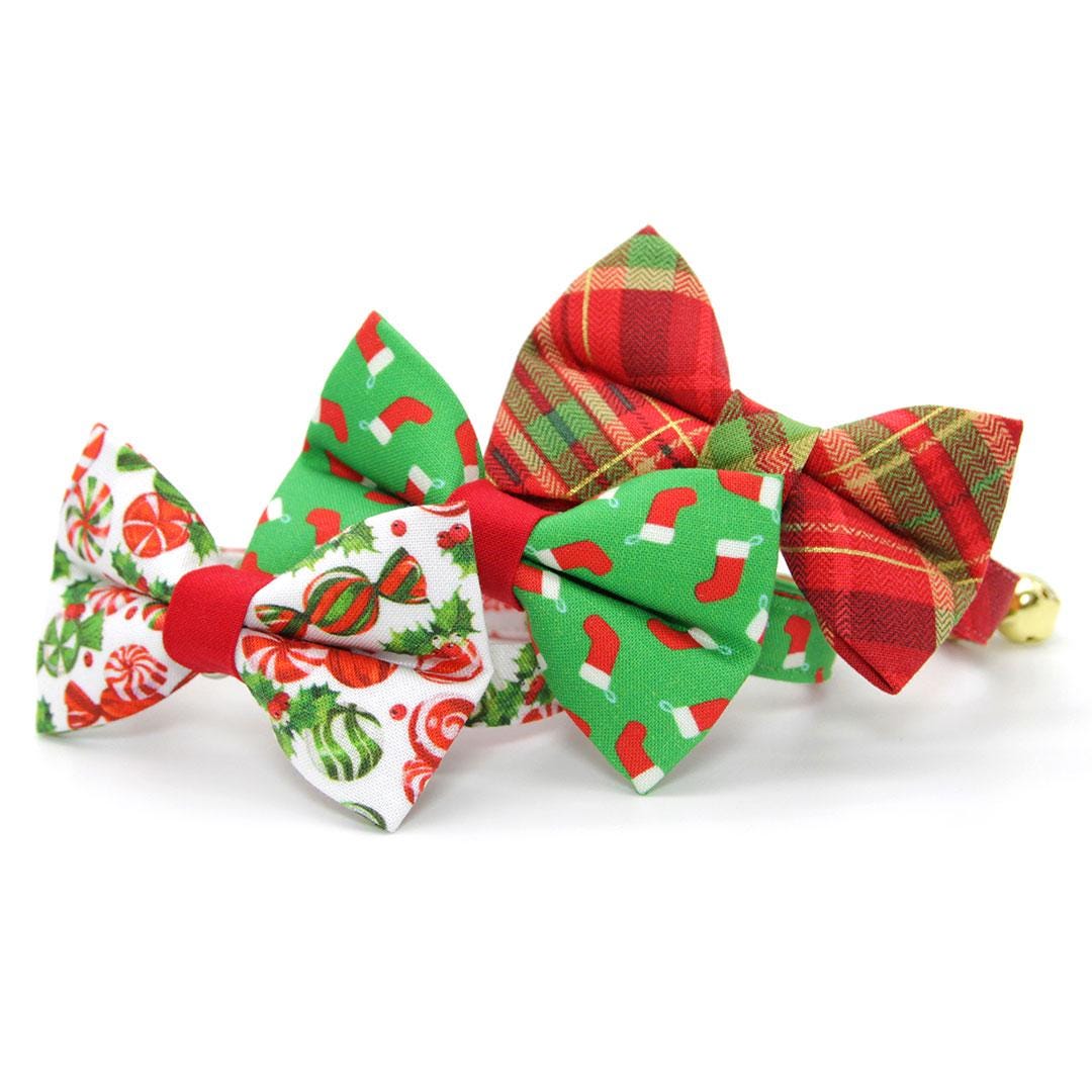 Holiday Bow Tie Cat Collar Set - "Christmas Stockings" - Festive Red Socks on Green Cat Collar with Bow Tie / Cat, Kitten, Small Dog Sizes