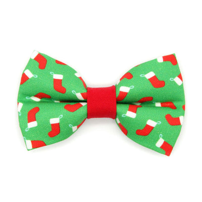 Holiday Bow Tie Cat Collar Set - "Christmas Stockings" - Festive Red Socks on Green Cat Collar with Bow Tie / Cat, Kitten, Small Dog Sizes