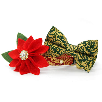 Regal Bow Tie Cat Collar Set - "Royal Emerald" - Gold & Green Cat Collar with Bow Tie / Holiday, Medieval, Victorian, Fancy, Wedding / Cat, Kitten, Small Dog Sizes