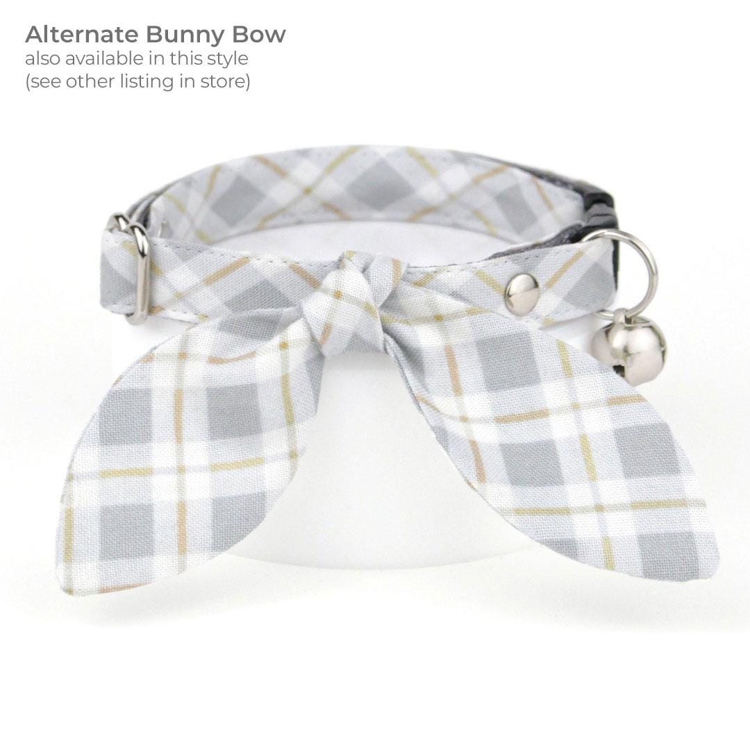 Bow Tie Cat Collar Set - "Earl Grey" - Light Gray Plaid Cat Collar with Bow Tie / Winter, Wedding, Neutral / Cat, Kitten, Small Dog Sizes