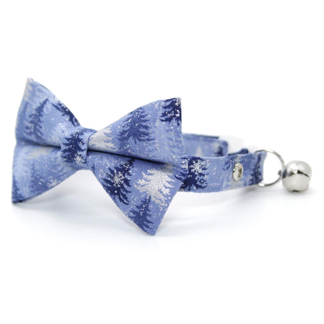 Winter Bow Tie Cat Collar Set - "Blue Spruce" - Mountain Forest Pine Tree Silver & Blue Cat Collar with Bow Tie / Solstice / Cat, Kitten, Small Dog Sizes