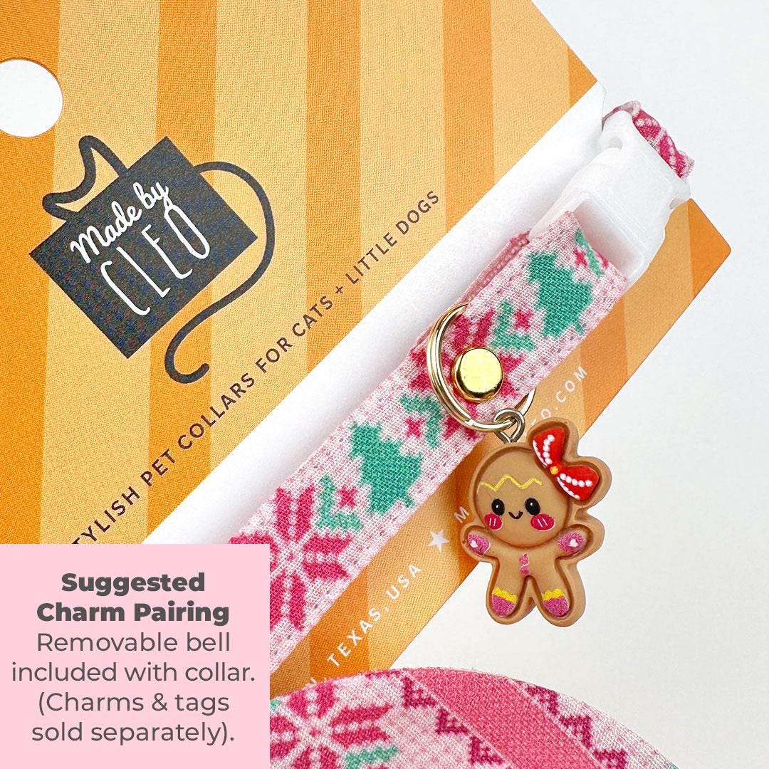 Winter Cat Collar + Flower Set - "Fair Isle - Pink" - Nordic Sweater Cat Collar w/ Baby Pink Felt Flower (Detachable) / Cat, Kitten + Small Dog Sizes