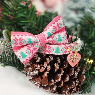 Cat Collar and Bunny Ear Bow Set - "Fair Isle - Pink" - Nordic Winter Sweater Cat Collar w/ Matching Bunny Bow Tie / Tie-On Scarf / Cat, Kitten + Small Dog Sizes