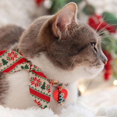 Cat Collar and Bunny Ear Bow Set - "Fair Isle - Christmas" - Alpine Holiday Sweater Cat Collar w/ Matching Bunny Bow Tie / Tie-On Scarf / Cat, Kitten + Small Dog Sizes