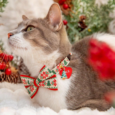 Nordic Cat Bow Tie - "Fair Isle - Christmas" - Red & Green Alpine Holiday Bow Tie for Cat Collar / Cat, Kitten + Small Dog Bowtie