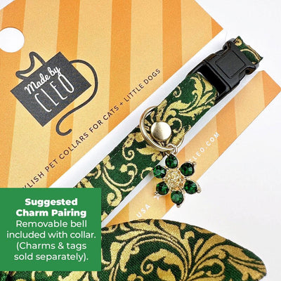 Regal Cat Collar + Flower Set - "Royal Emerald" - Green & Gold Cat Collar w/ Clover Felt Flower (Detachable) / Cat, Kitten + Small Dog Sizes