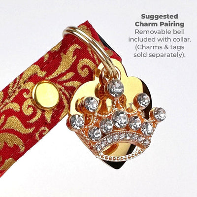 Regal Cat Collar + Flower Set - "Royal Ruby" - Red & Gold Cat Collar + Scarlet Felt Flower (Detachable) / Cat, Kitten + Small Dog Sizes