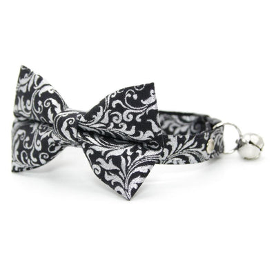 Regal Bow Tie Cat Collar Set - "Royal Sterling" - Silver & Black Cat Collar with Bow Tie / Wedding, Medieval, Victorian, New Year / Cat, Kitten, Small Dog Sizes